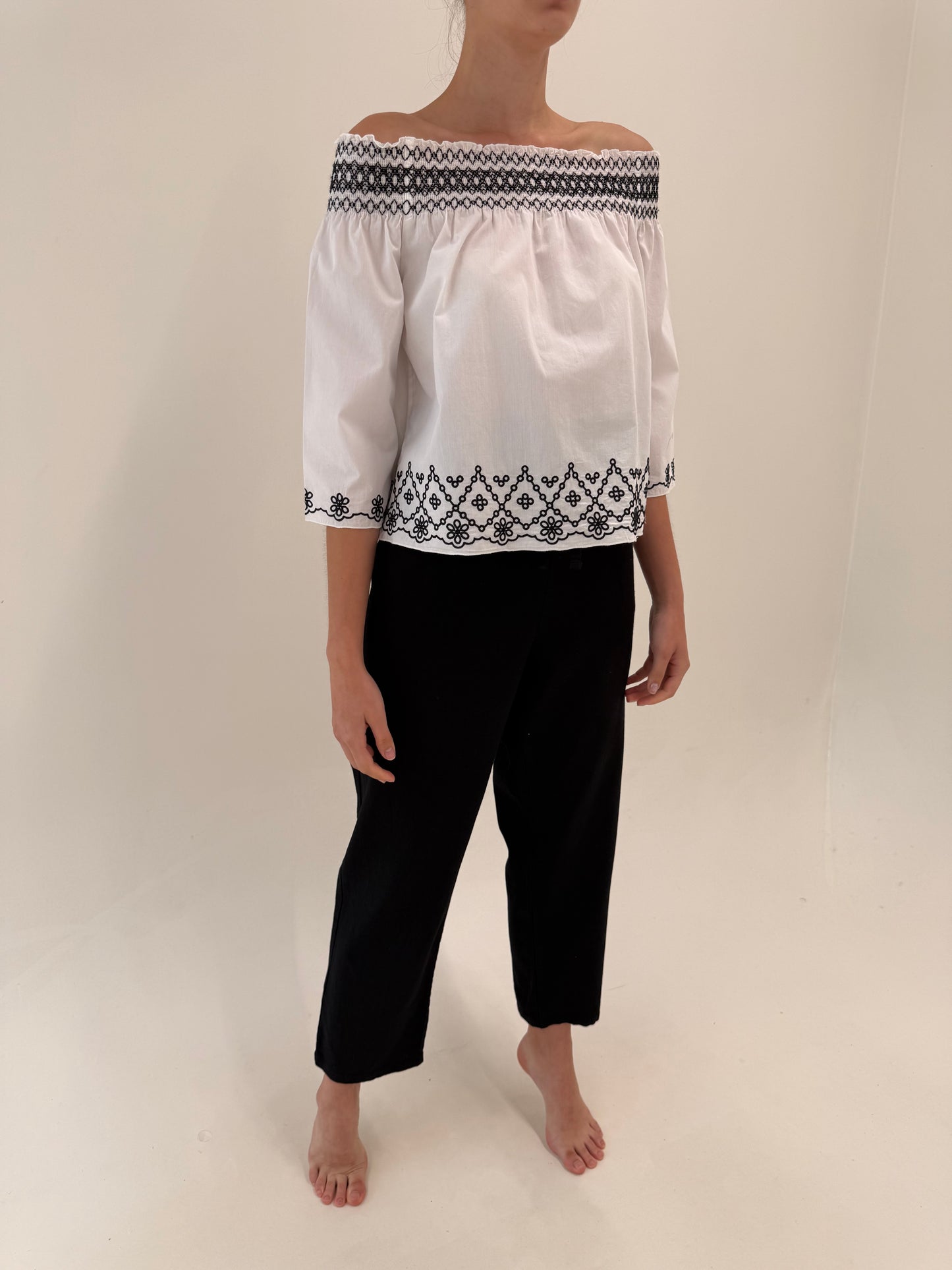 Pantaloni negri din in cu talie ultra înaltă elastică reglabilă