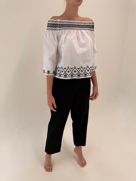 Pantaloni negri din in cu talie ultra înaltă elastică reglabilă