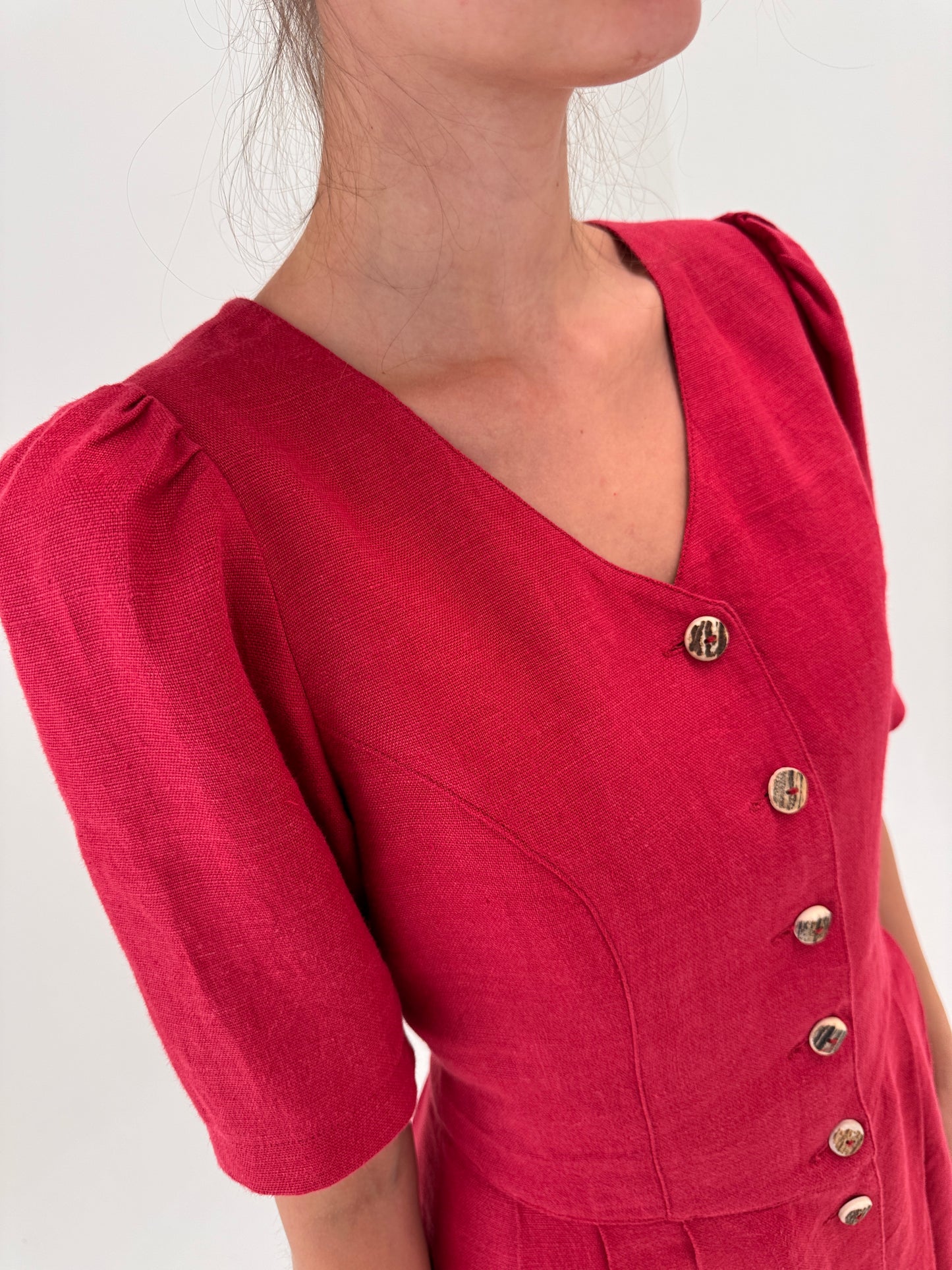 Rochie vintage maxi din pânză de in merlot red cu corsaj și buzunare