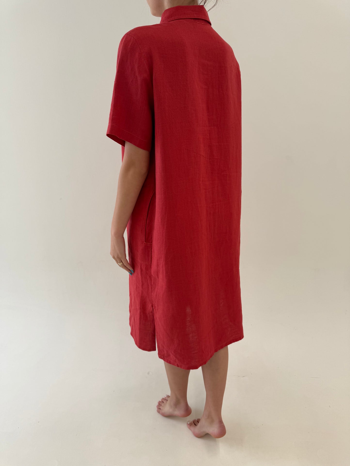 Rochie italiană brick red din in excepțional cu broderie