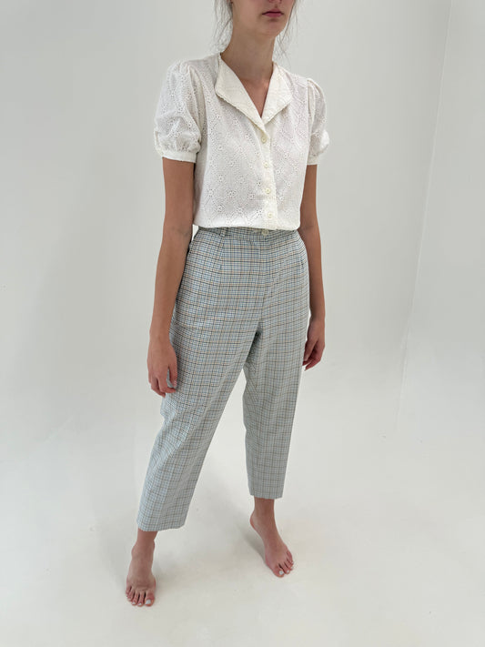 Pantaloni din pânză camel în carouri fine cu baby Blue și talie elastică