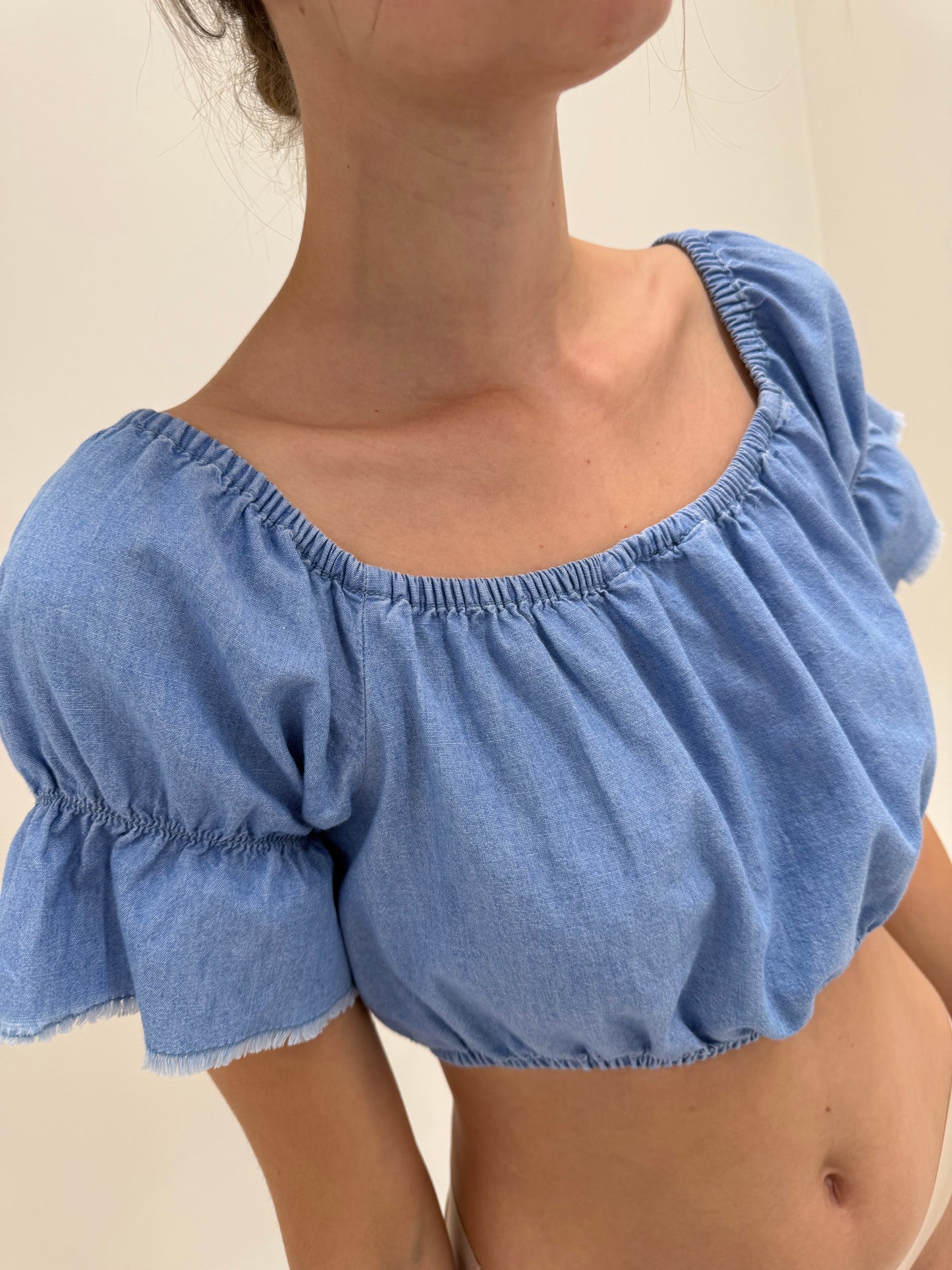 Set baby blue din pânză de bumbac cu pantaloni cu talie înaltă extrem de înaltă