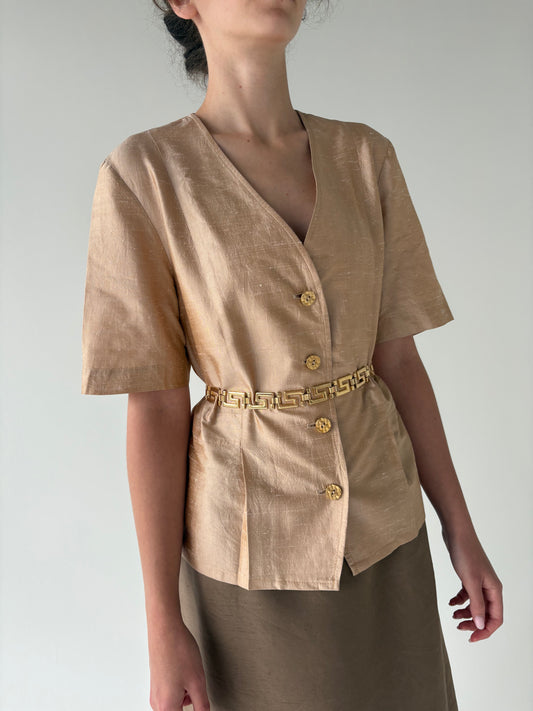 Sacou vintage cambrat ligh gold din mătase naturală dupioni