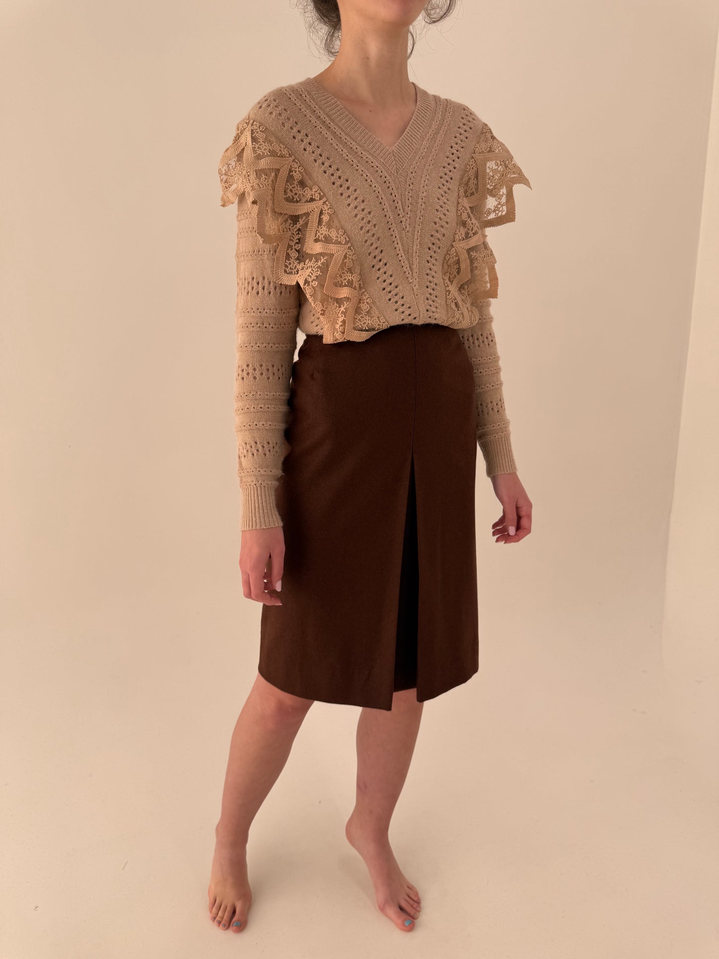 Fustă chocolate brown cu talie ultra înaltă marcată din lana plină extrafina