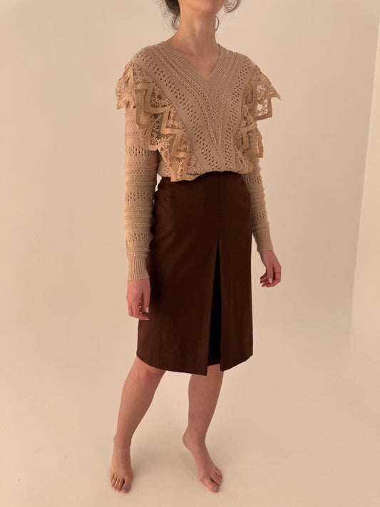 Fustă chocolate brown cu talie ultra înaltă marcată din lana plină extrafina