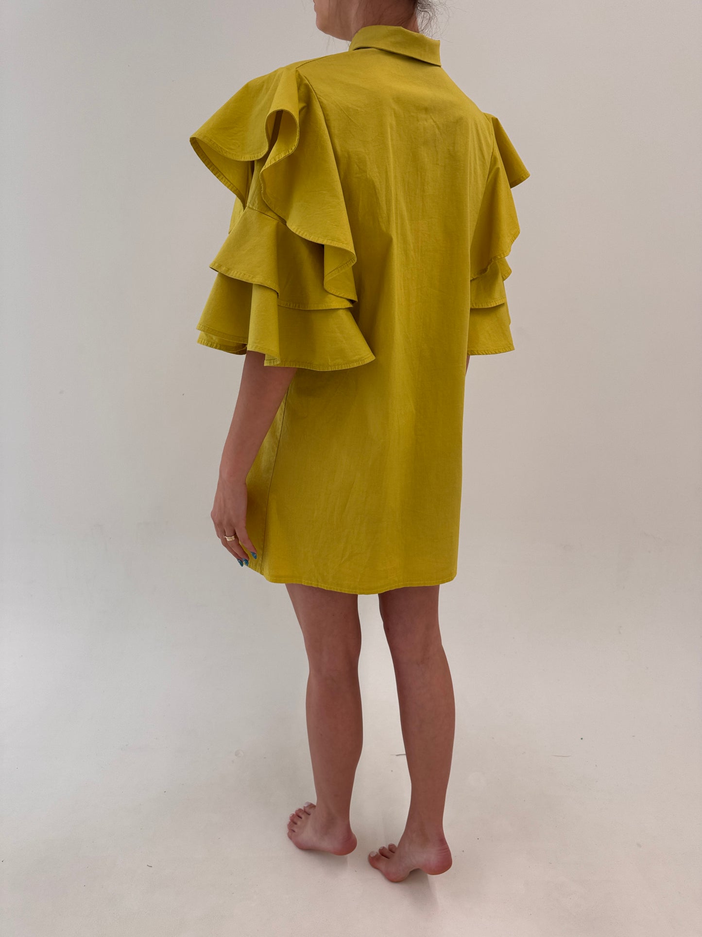 Rochie chartreuse cu mâneci spectaculoase din poplin de bumbac