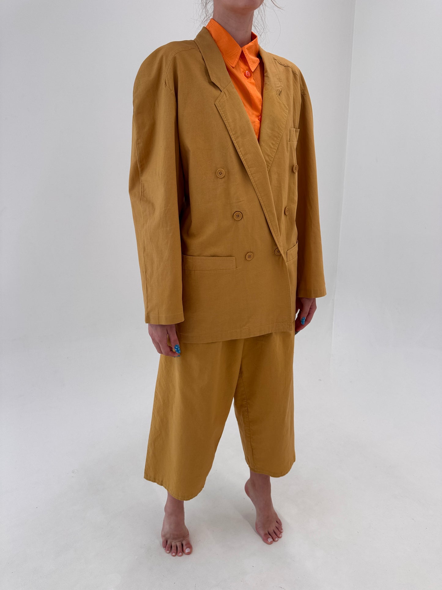 Costum camel vintage din canvas moale de bumbac cu pantaloni palazzo