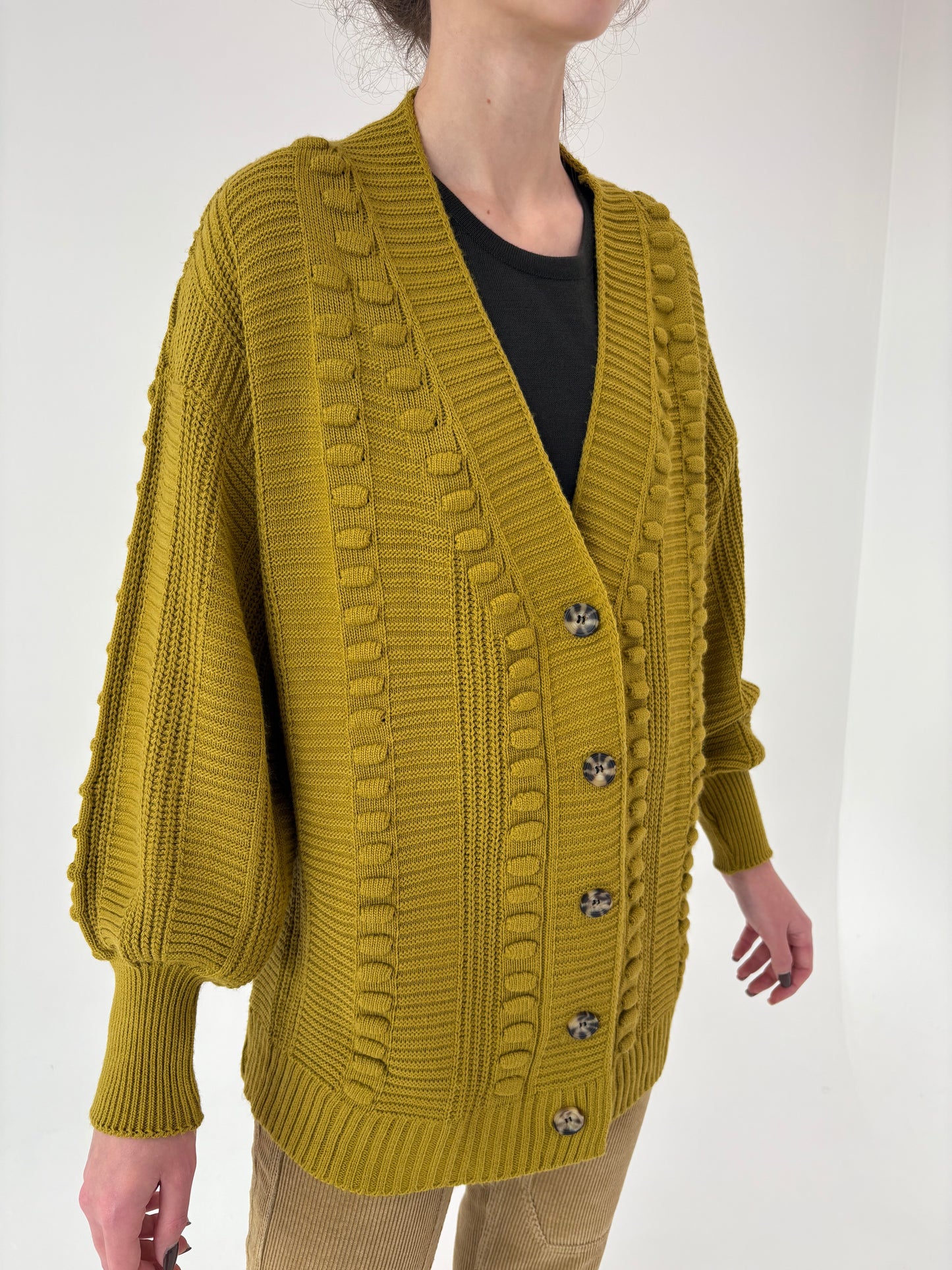 Cardigan gros mustard green de gramaj mare texturat din lana extrafina