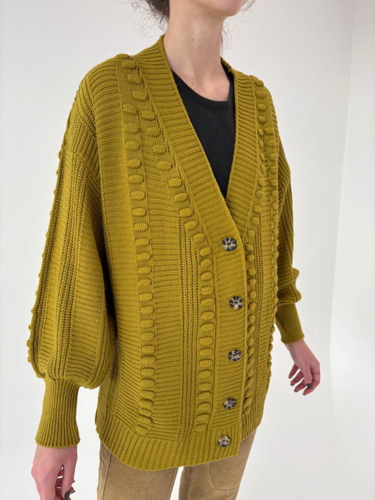 Cardigan gros mustard green de gramaj mare texturat din lana extrafina