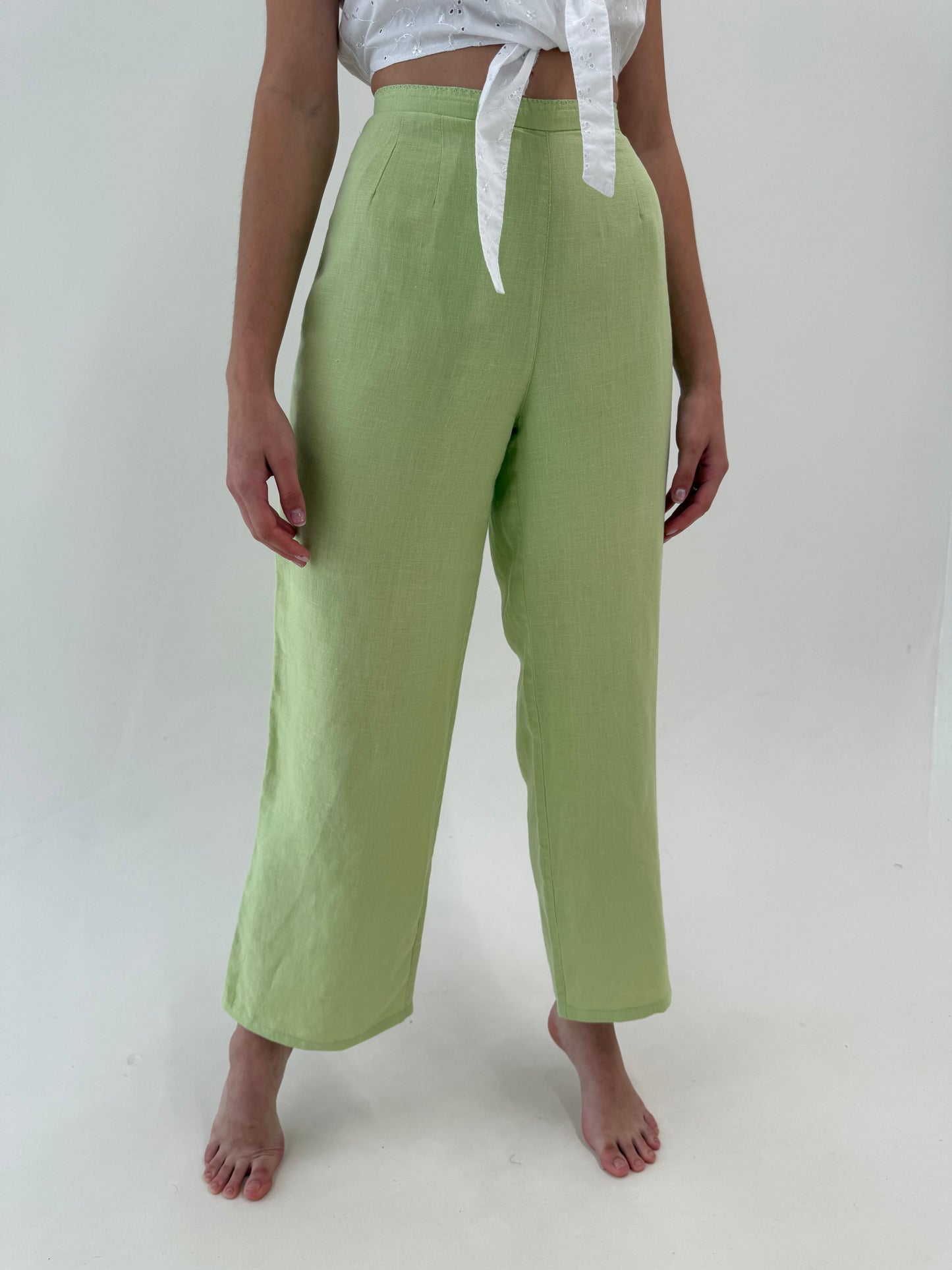 Pantaloni verde crud pudrat din in cu talie înaltă în croi drept