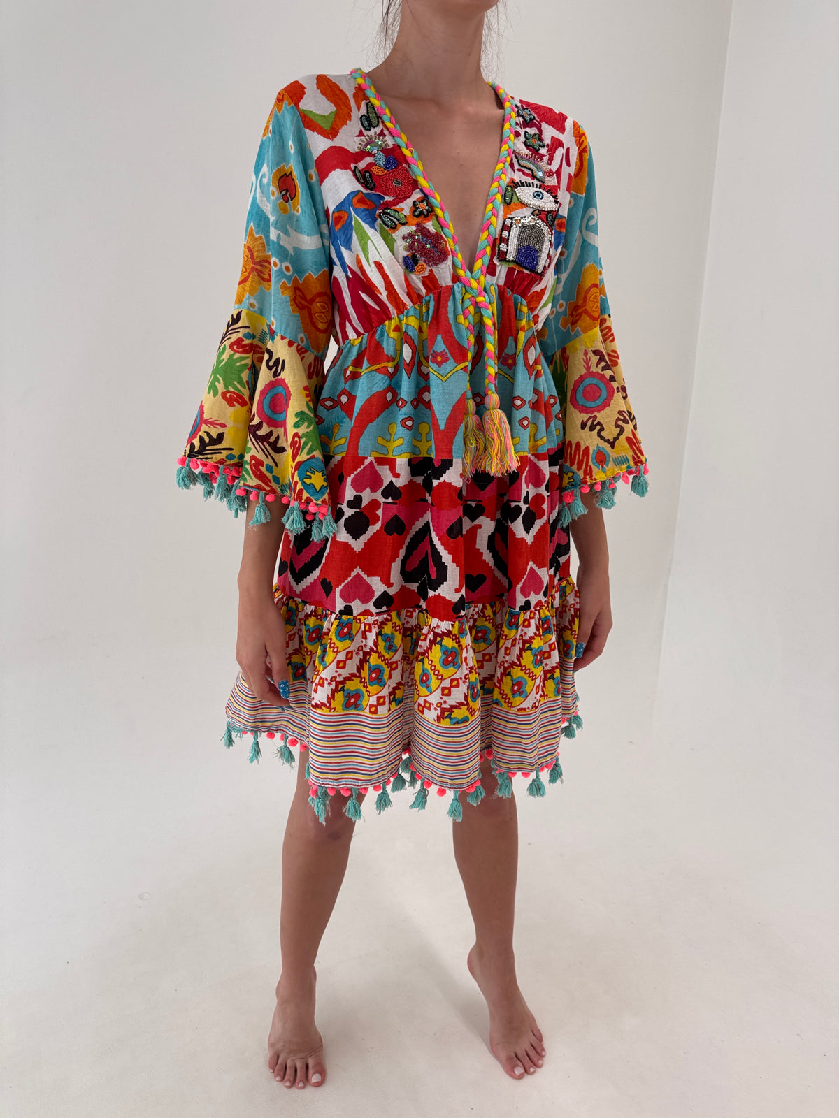 Rochie italiană boho din panzica de bumbac cu aplicații manuale Antica Sartoria