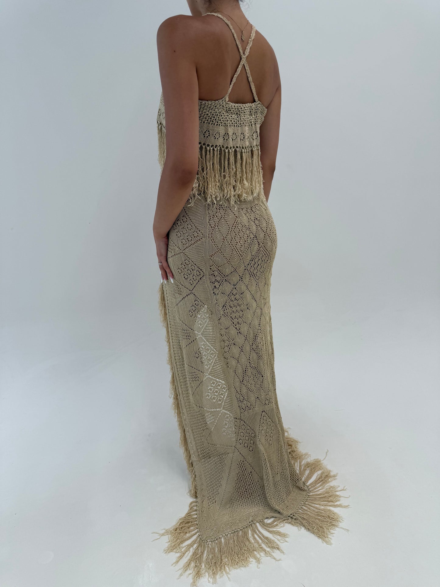Rochie tall camel din macrame excepțional de bumbac lucrat manual