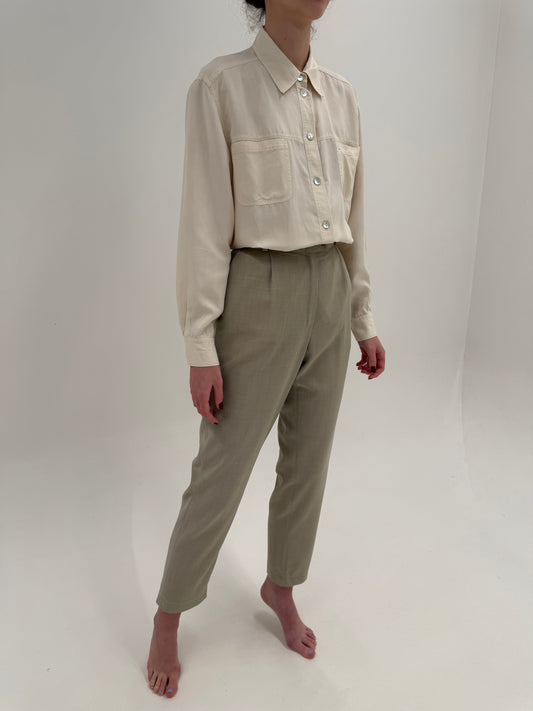 Pantaloni grej din lana extrafina tall cu pense și talie ultra înaltă