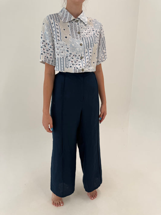 Pantaloni tall din in premium cu talie ultra înaltă în croi drept