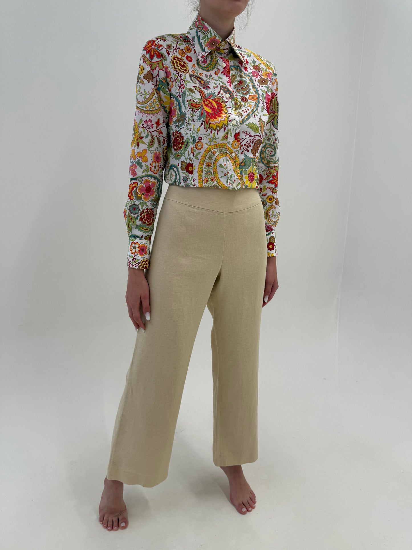 Pantaloni Ralph Lauren tall  camel din pânză excepțională de in în croi drept