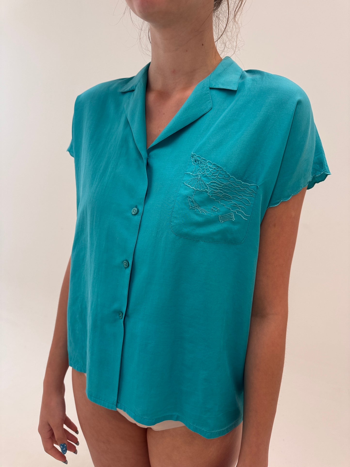 Cămașa vintage aqua blue  din mătase naturală în croi lejer
