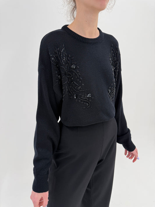 Pulover negru vintage cu aplicații manuale excepționale 80% lana extrafina