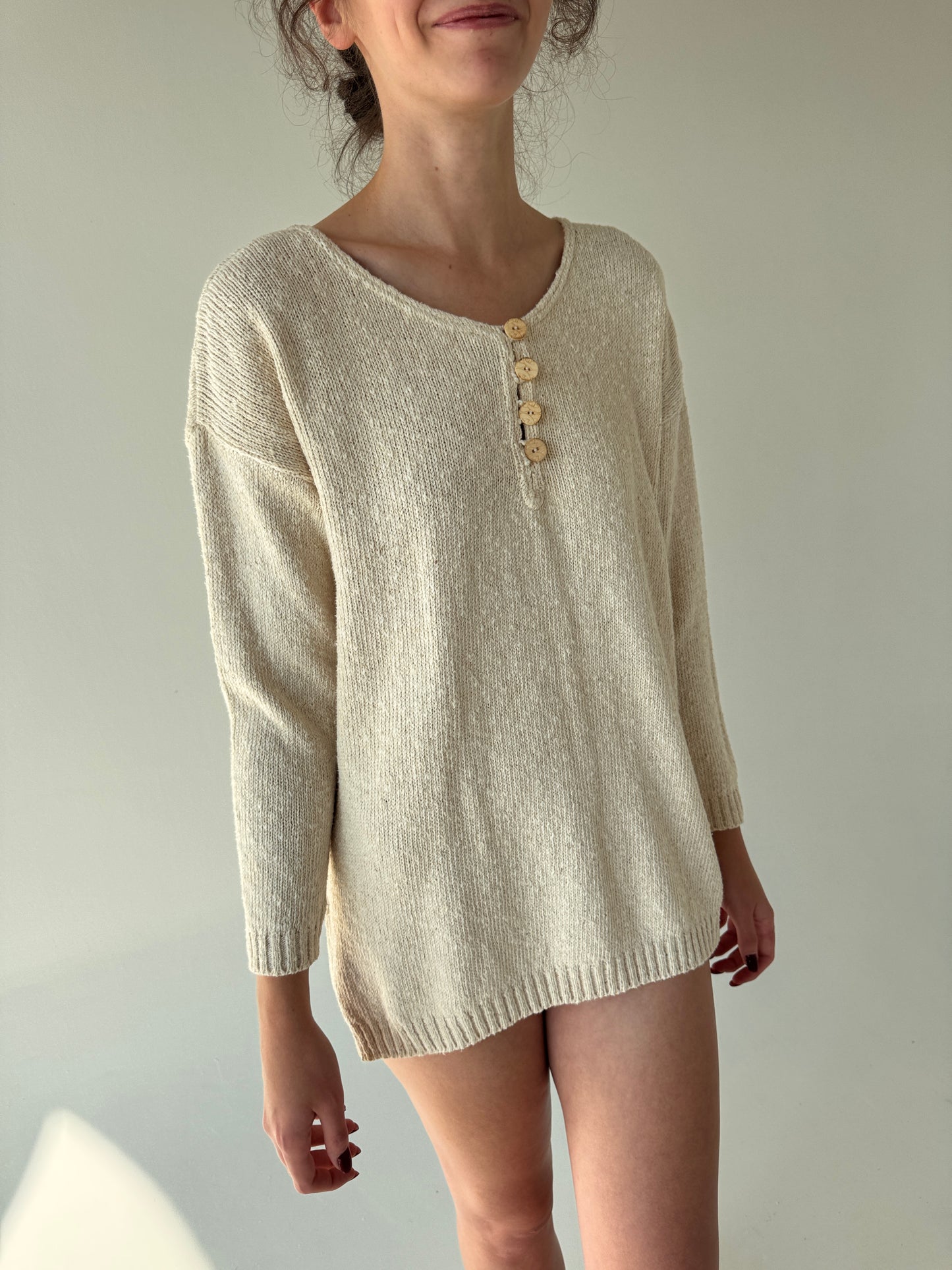 Bluză vintage petite light nude din jerse gros și moale de bumbac cu noduri