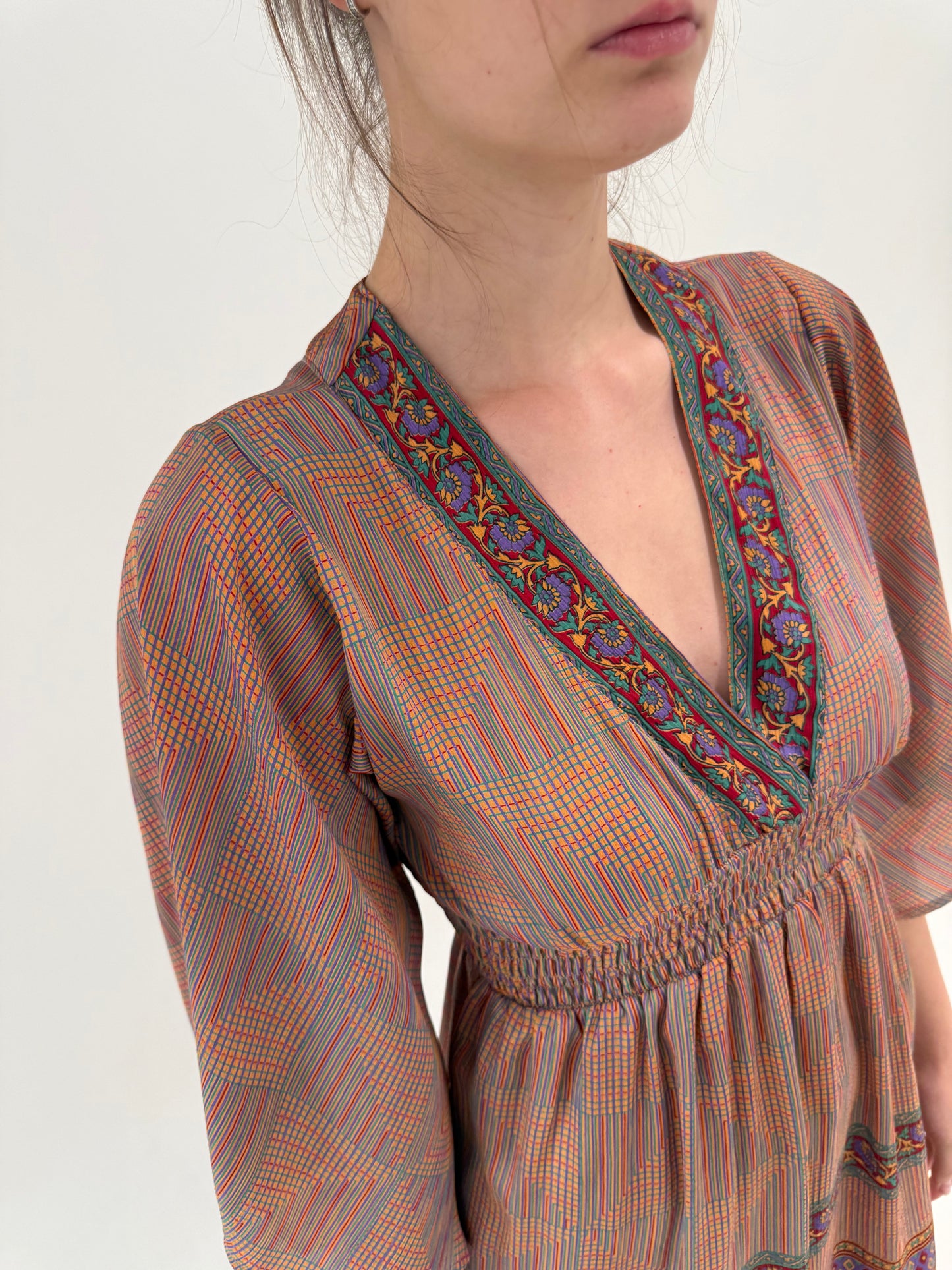 Rochie maxi boho cu talie ultra înaltă elastică din mix de mătase naturală