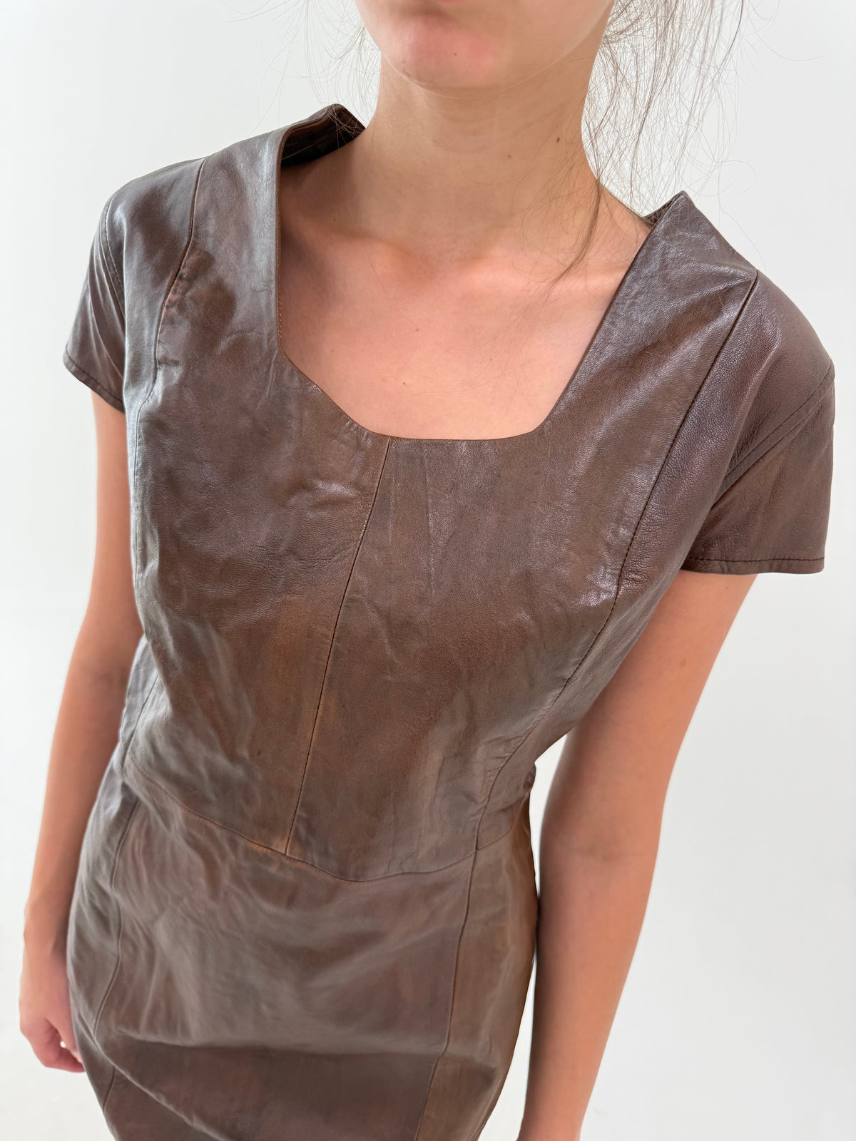 Rochie din piele naturală moale chocolate brown în croi clasic