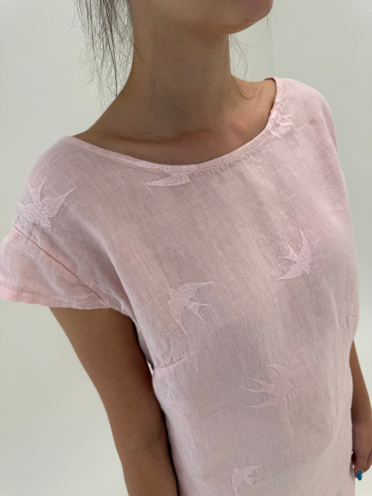 Rochie ultra confort italiană roz pudrat din in premium cu buzunare