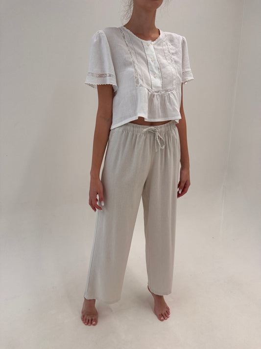 Pantaloni sand nude palazzo din pânză de in și bumbac