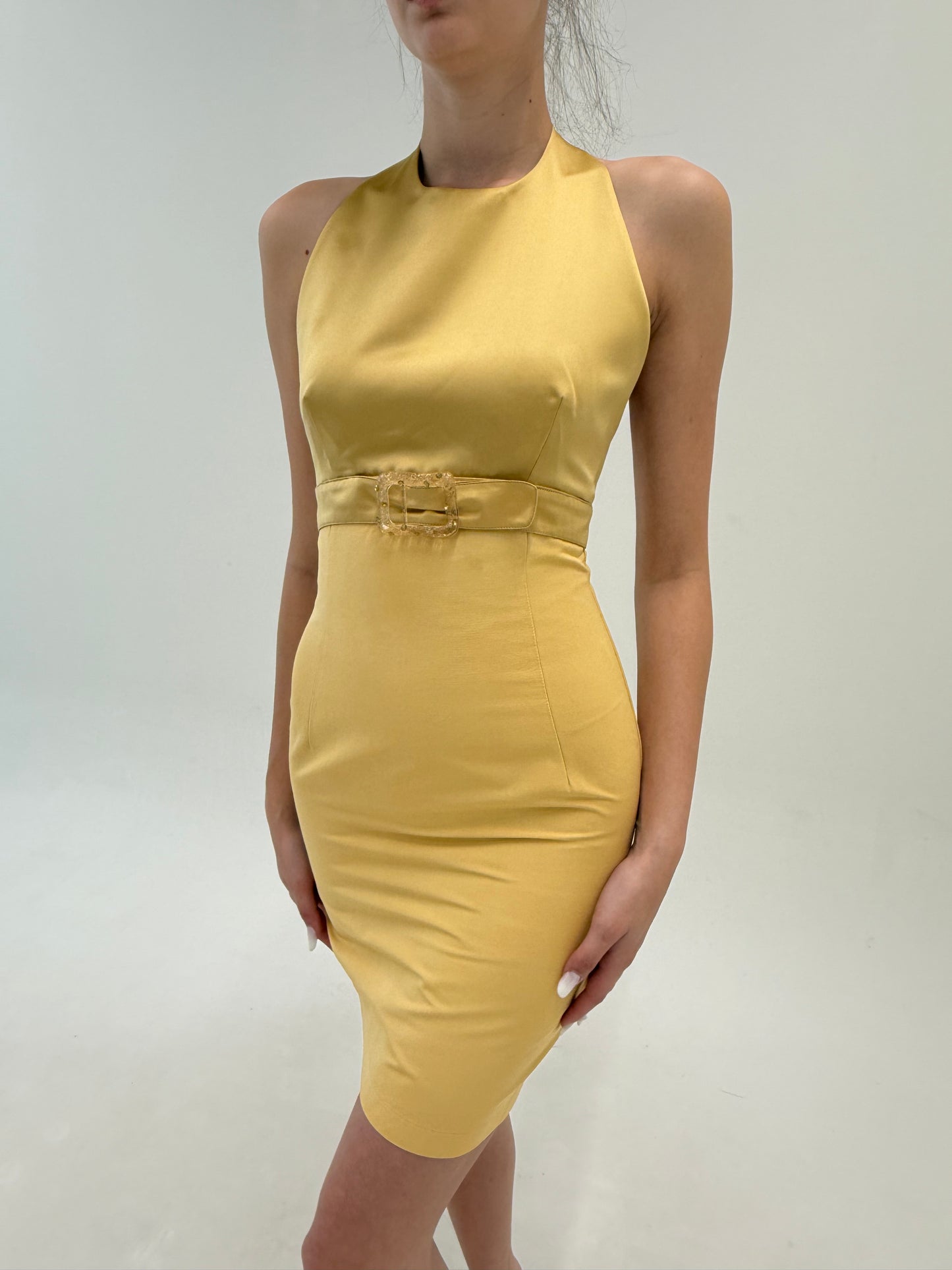 Rochie italiană de brand luxury camel si light gold excepțională cu spate gol