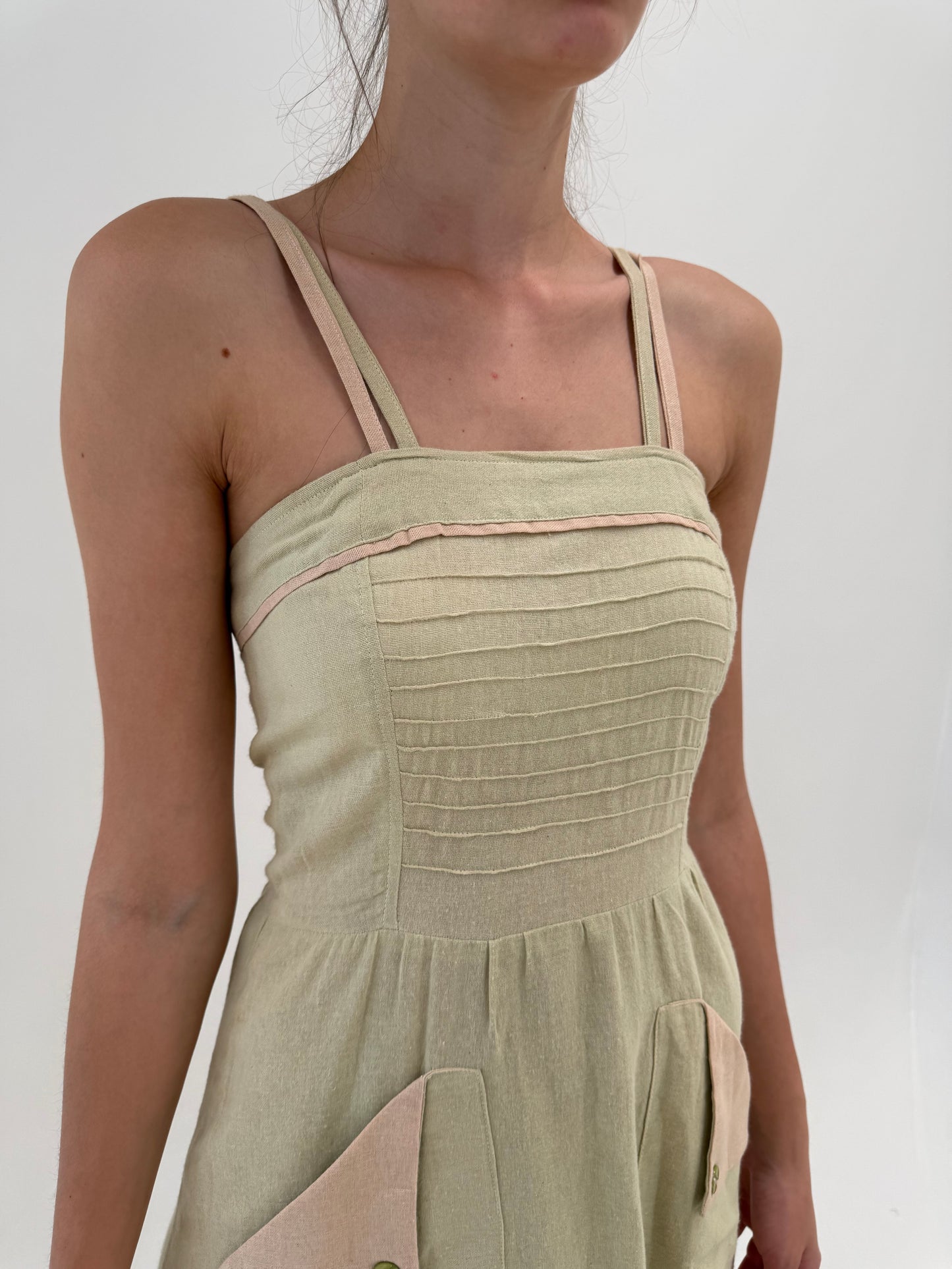Rochie maxi vintage Sage green cu inserții powder Pink din pânză de in