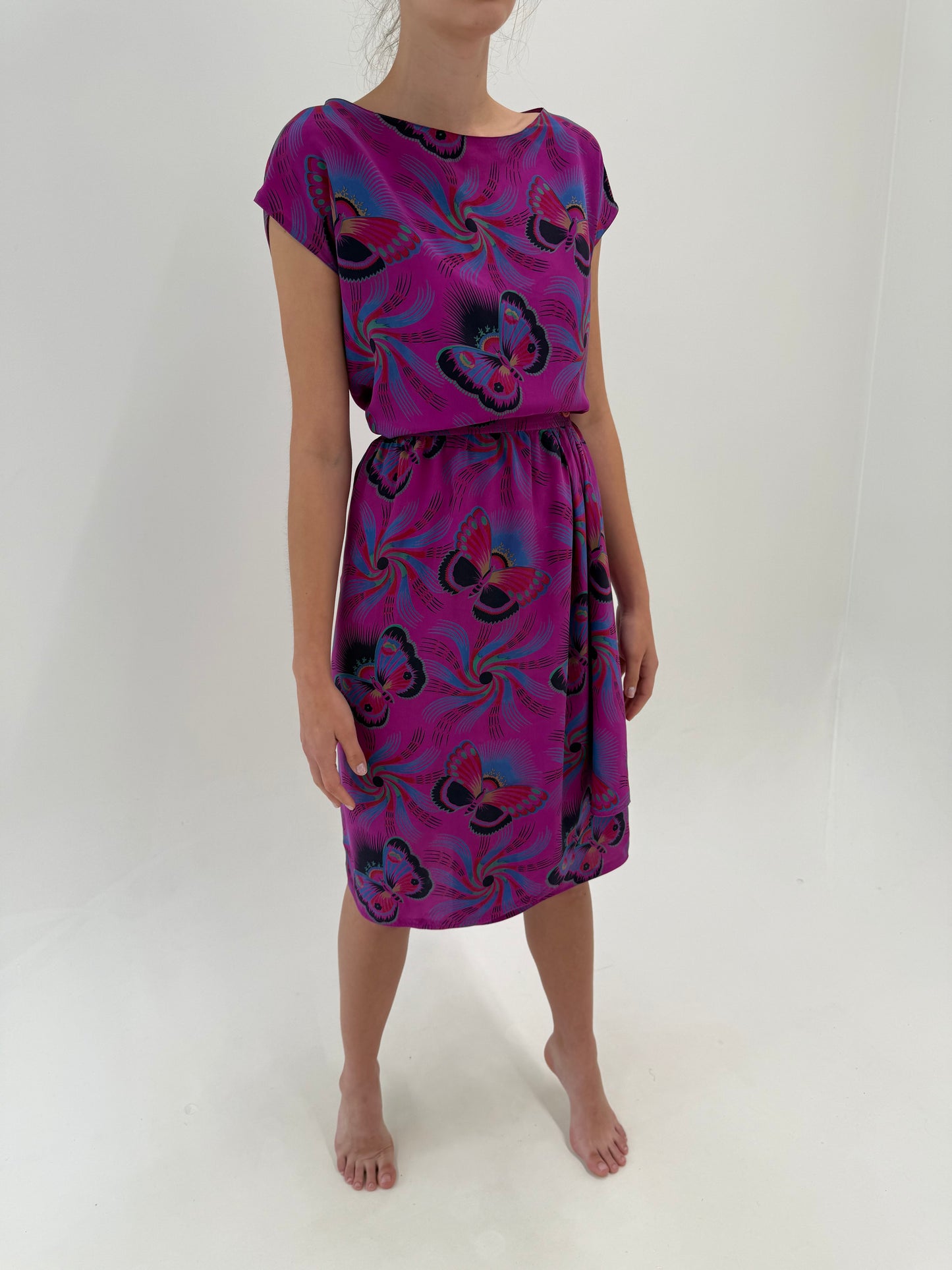 Set vintage magenta din mătase naturală cu fusta petrecută print delicat