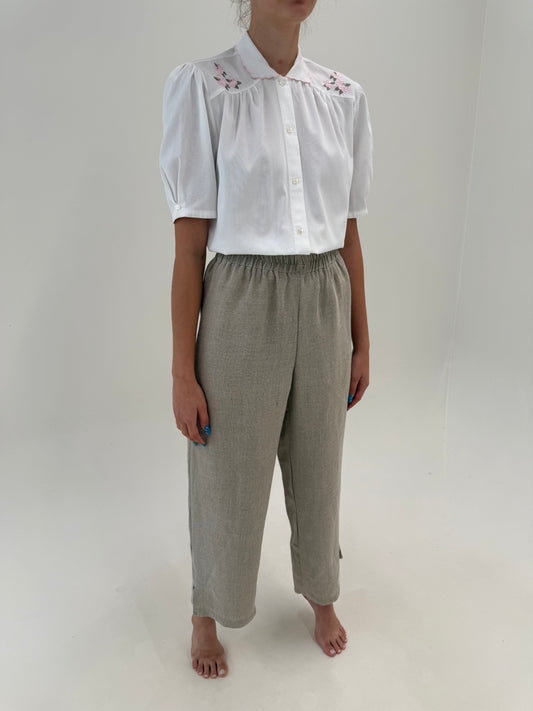 Pantaloni ultra confort din pânză excepțională de in cu talie ultra înaltă sand nude