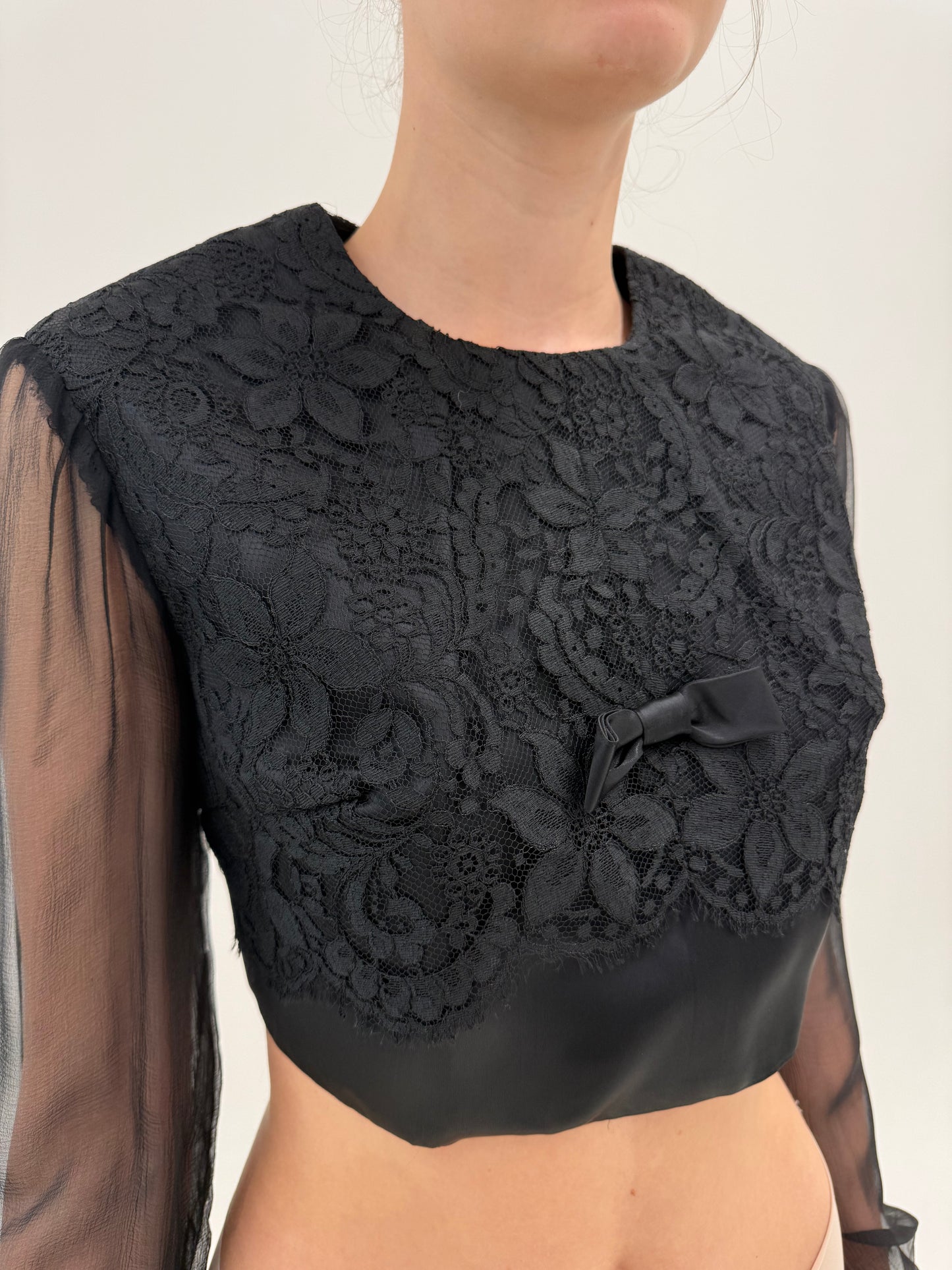 Corsaj vintage negru couture din mătase naturală cu lucrătură manuală 3D