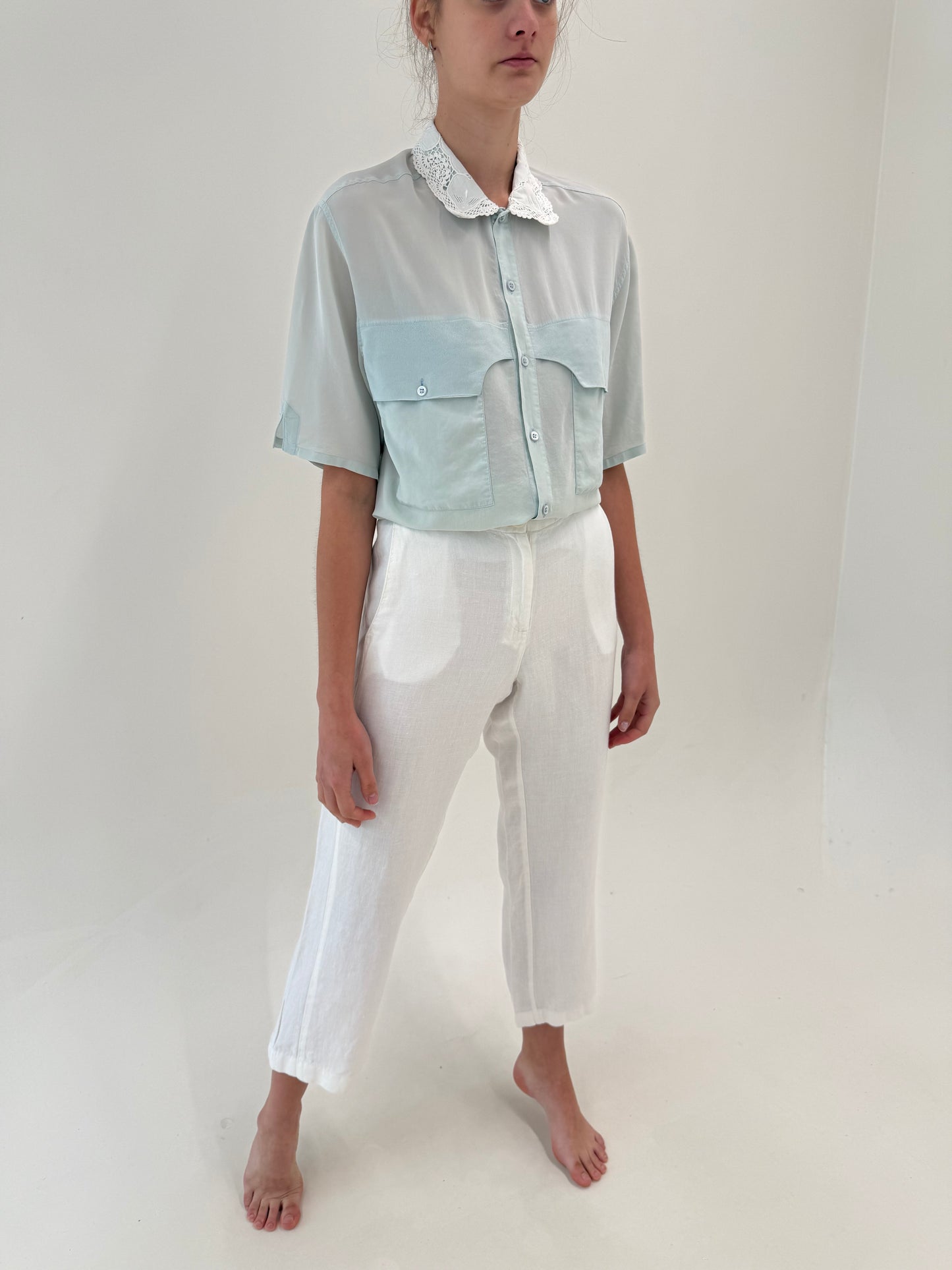 Pantaloni din in premium în croi clasic petite