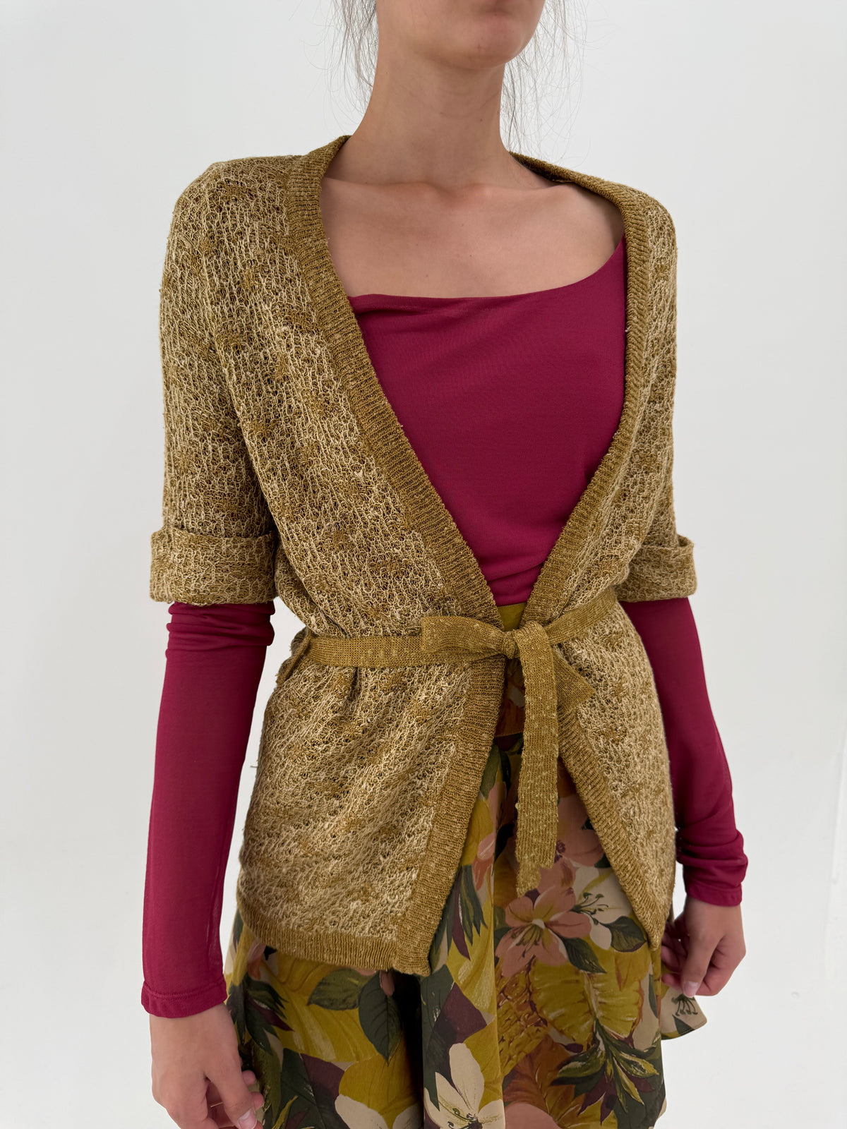 Cardigan vintage cu cordon mustard green din lana extrafina