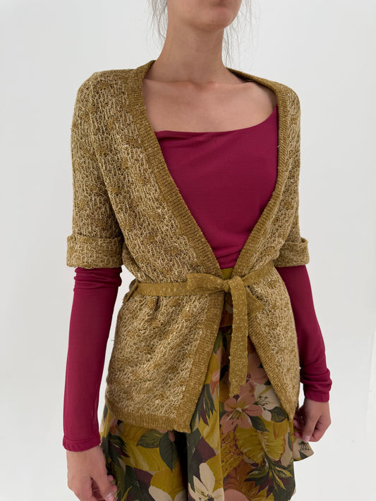 Cardigan vintage cu cordon mustard green din lana extrafina