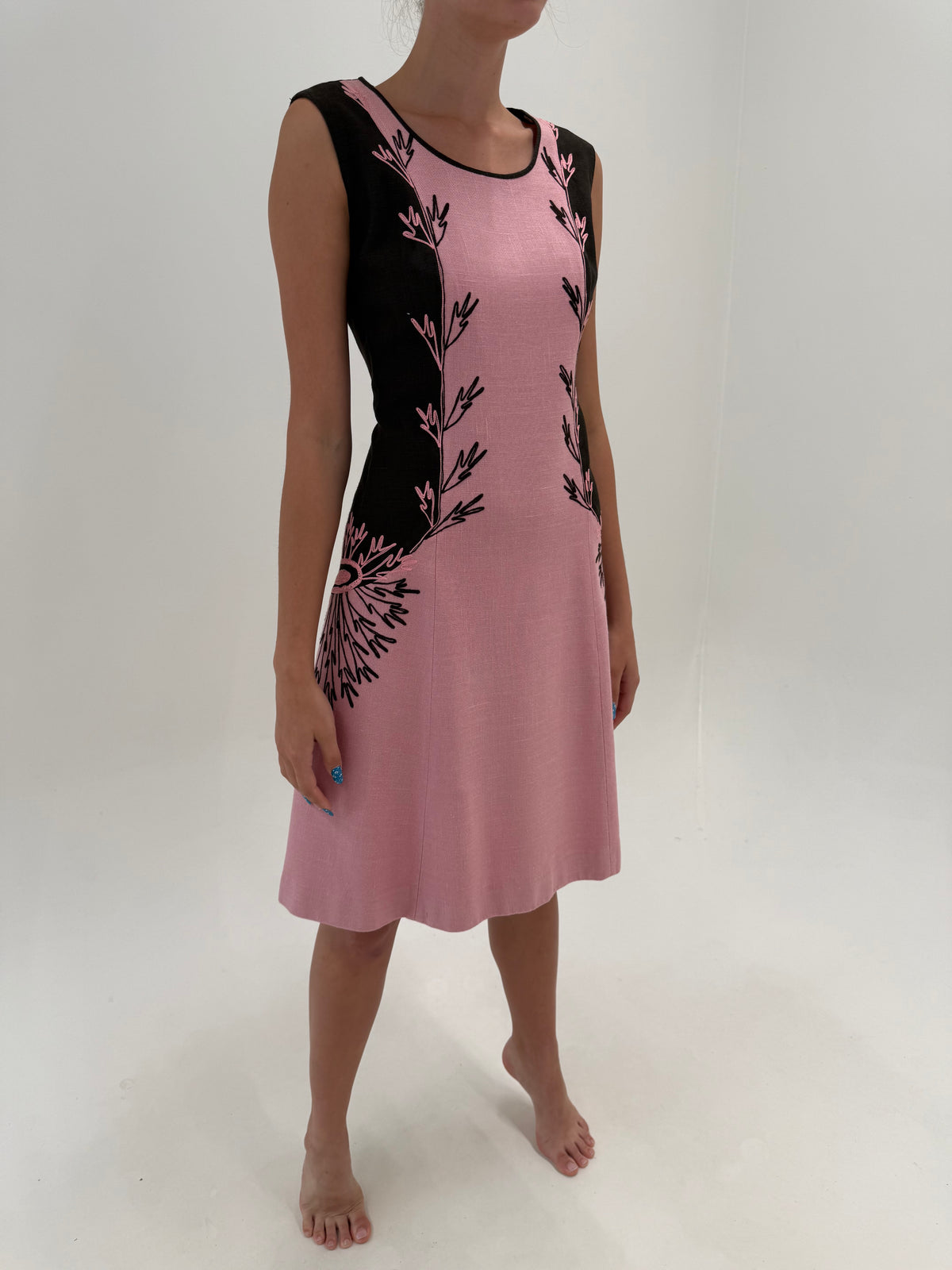 Rochie vintage anii 60 din pânză de in structurată în combinație superbă de culori
