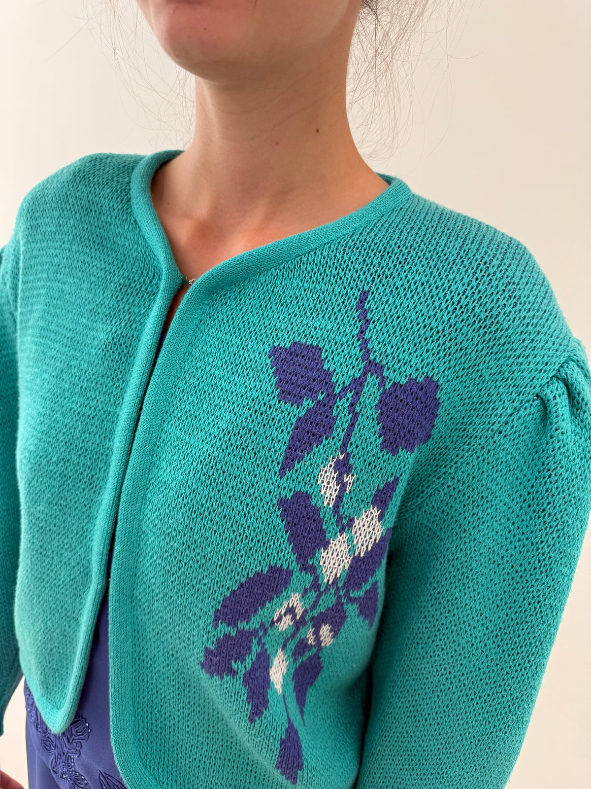 Jacheta vintage cu umeri ușor bufanți teal blue din bumbac și lana