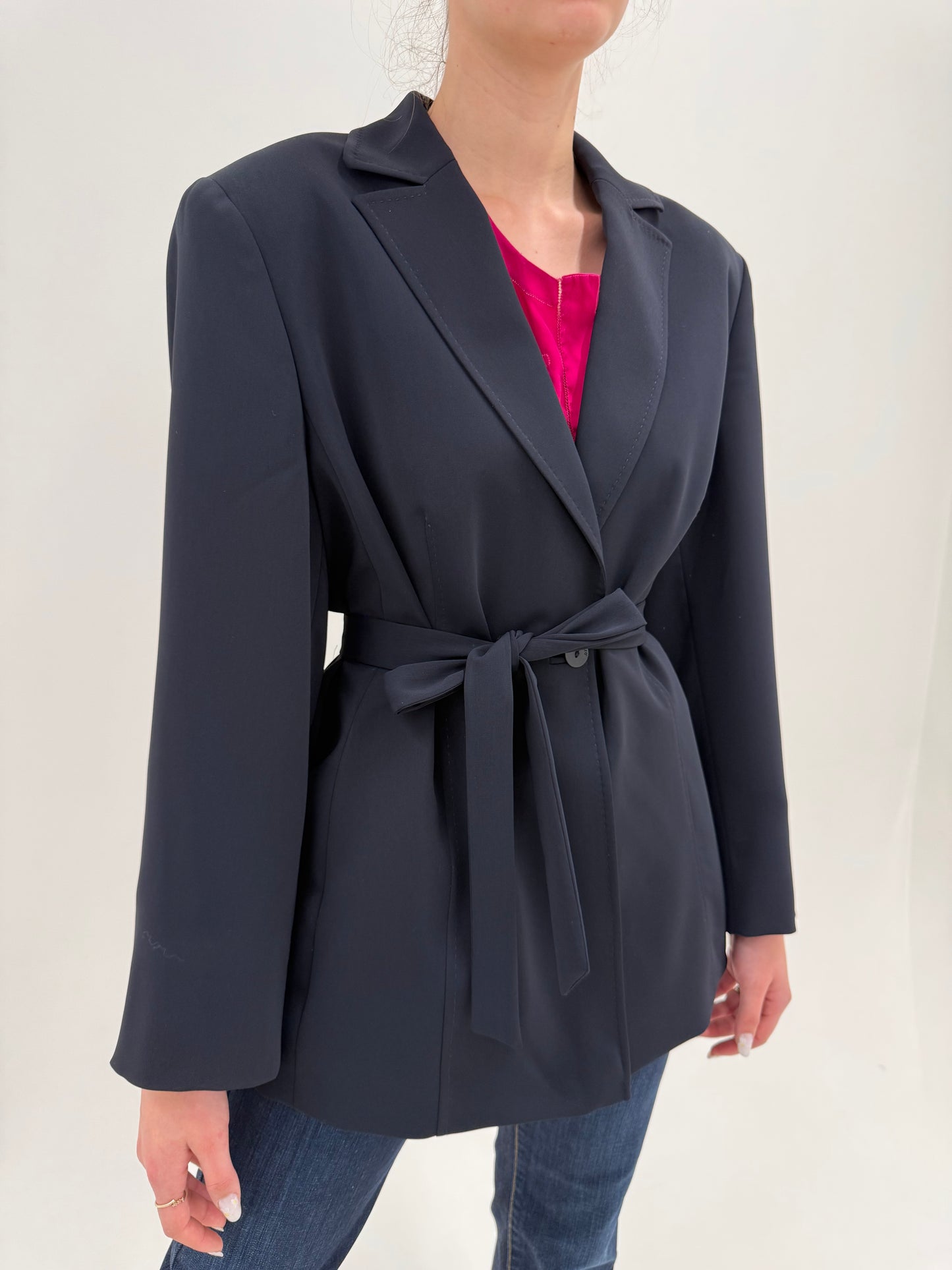 Jacheta navy de brand premium plus size italian Elena Miro cu talie reglabilă