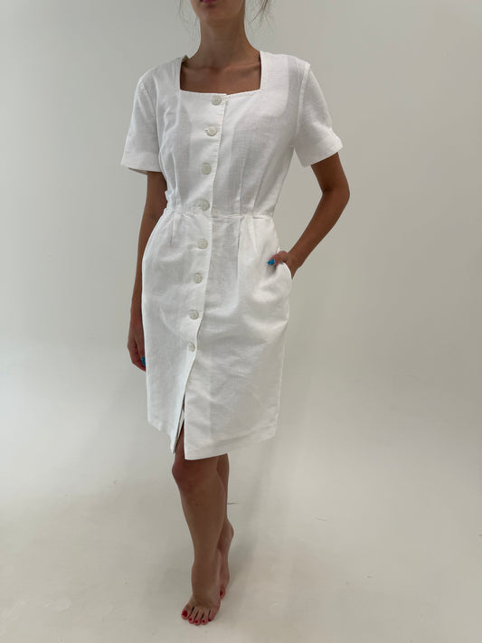 Rochie din pânză excepțională cu talie ultra înaltă marcată și buzunare