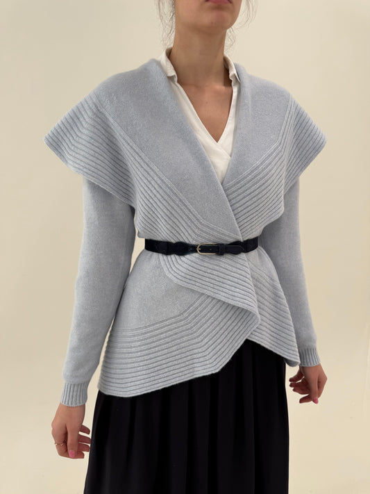 Cardigan baby Blue din cașmir cu guler supradimensionat în croi feminin