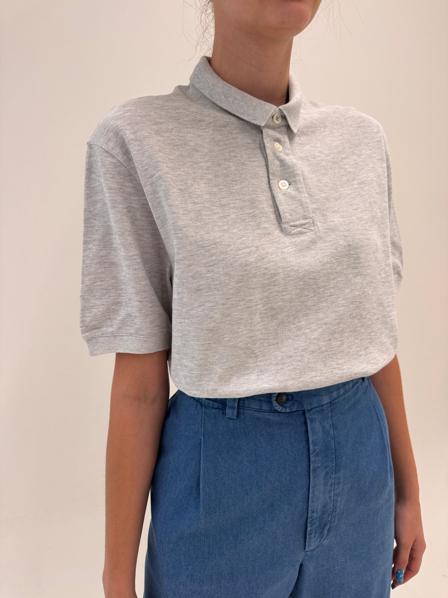 Top Polo Brunello Cucinelli light gray din bumbac texturat