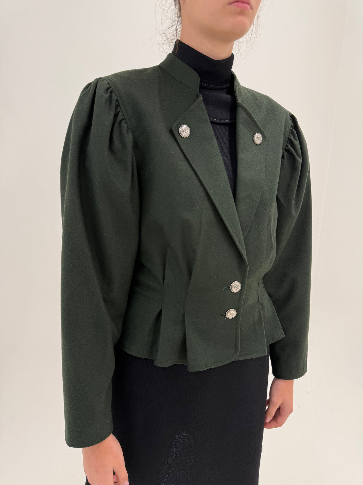Sacou vintage ultra cambrat dark green din lana extrafina cu umeri bufanți