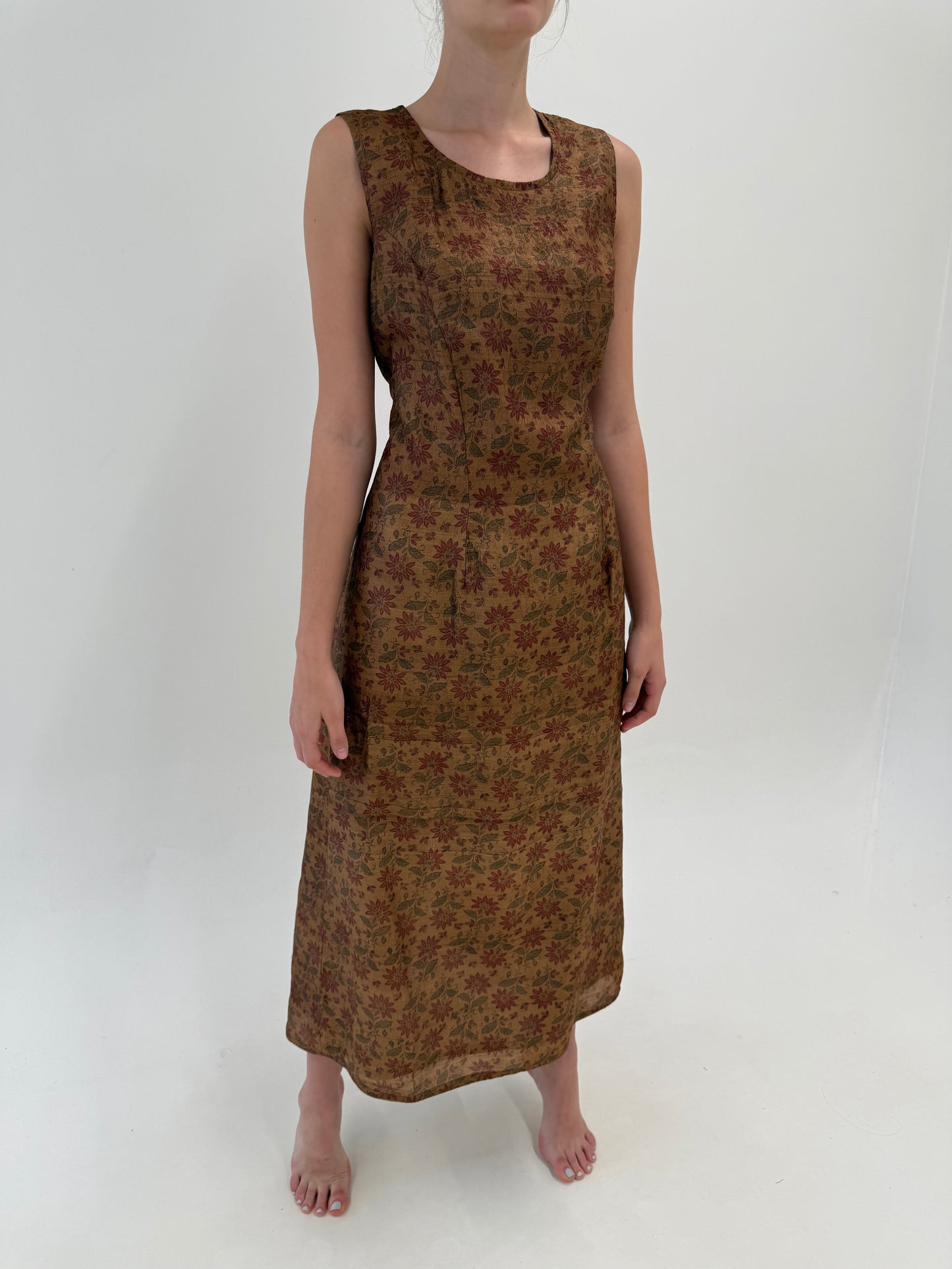 Rochie maxi vintage din panzica de mătase naturală cu print delicat