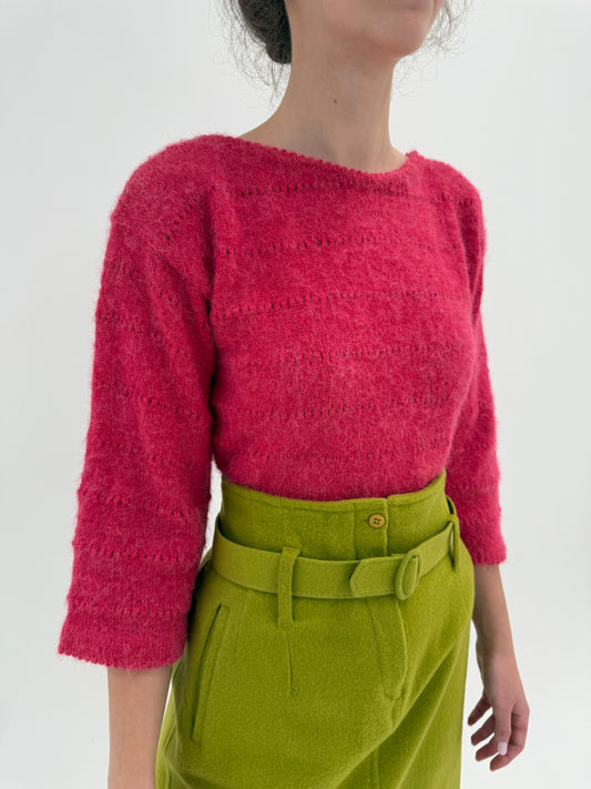 Pulover vintage Barbie pink din baby mohair plin cu mânecă 3/4