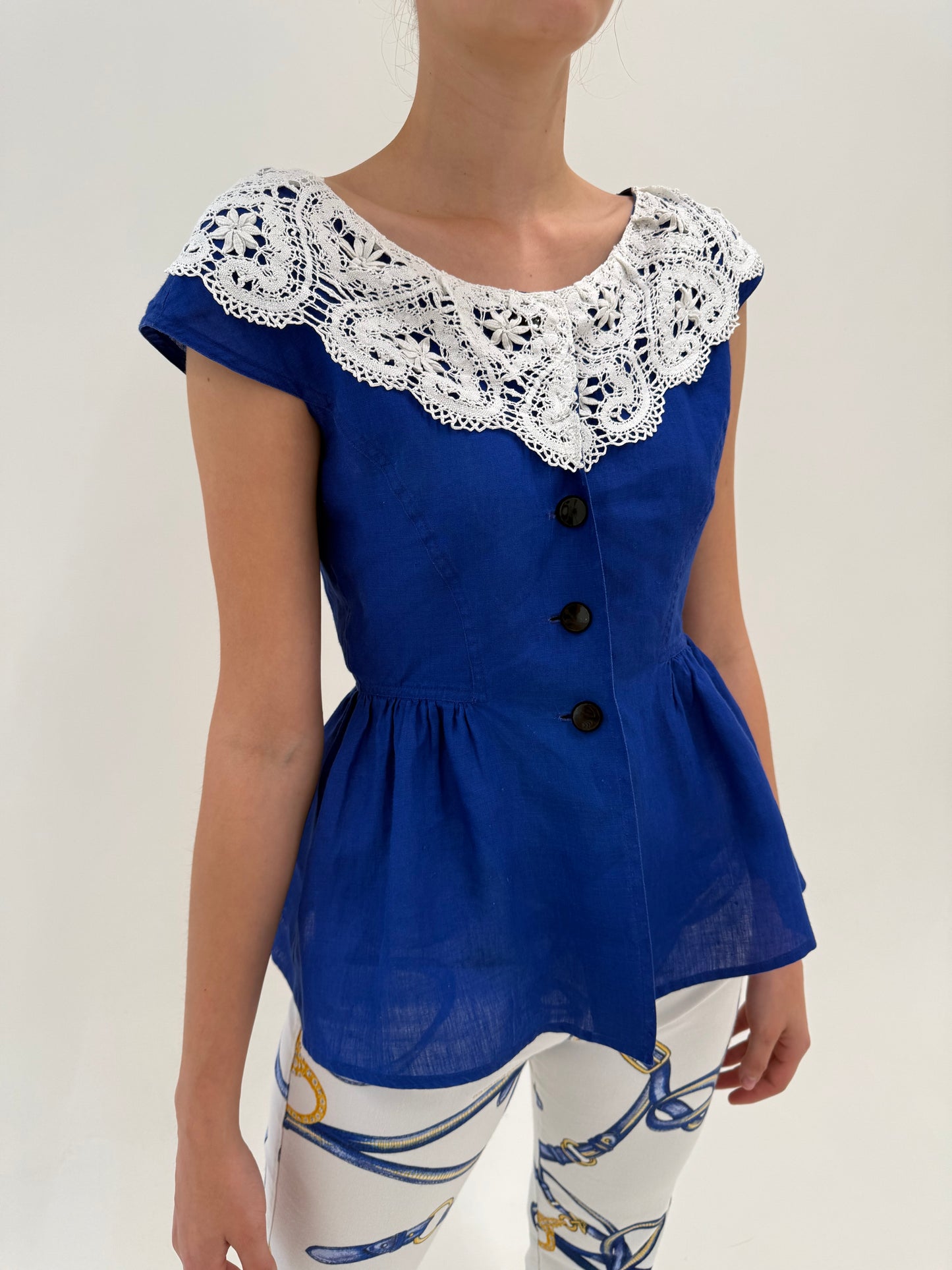 Top Max Mara indigo blue din in excepțional cu guler macrame lucrat manual