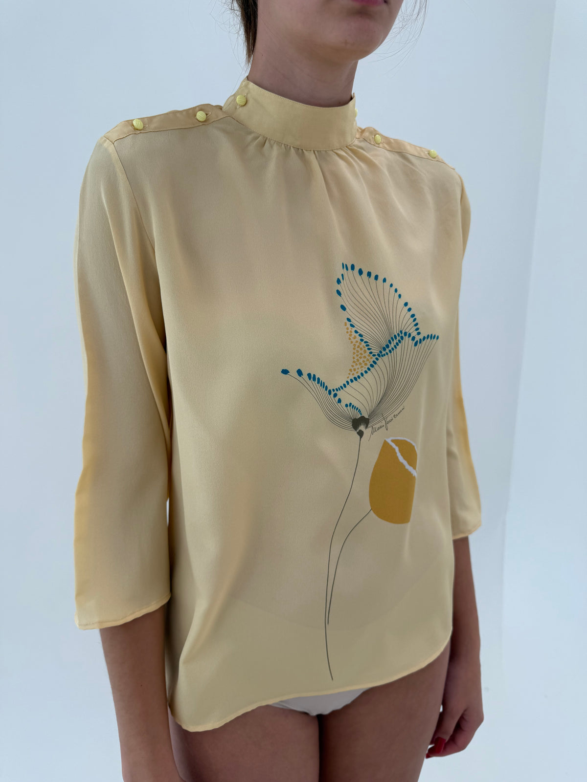 Cămașa old vintage anii 80 butter yellow cu print superb din mix de mătase naturală
