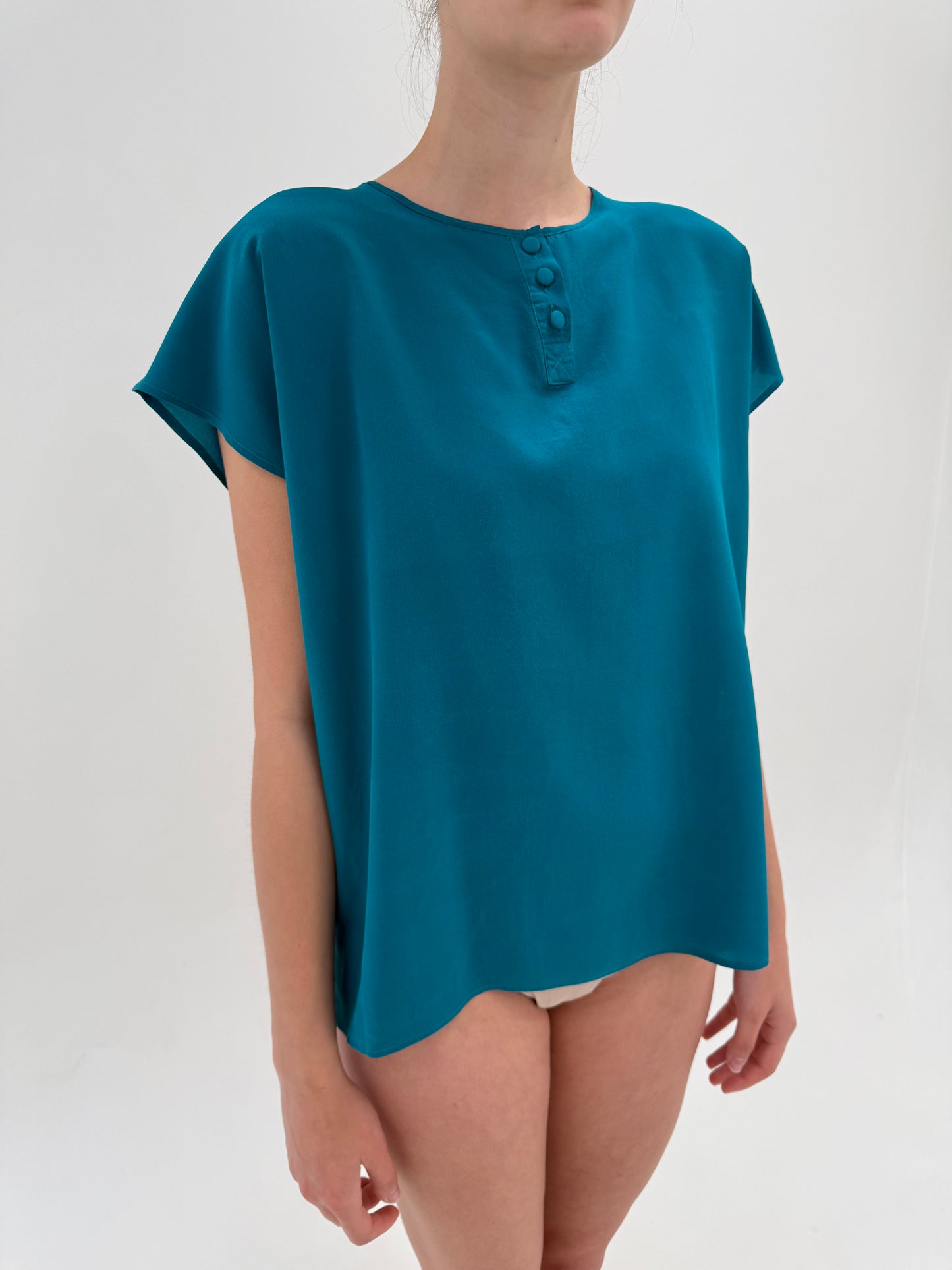 Top teal blue italian din mătase naturală cu mânecă căzută