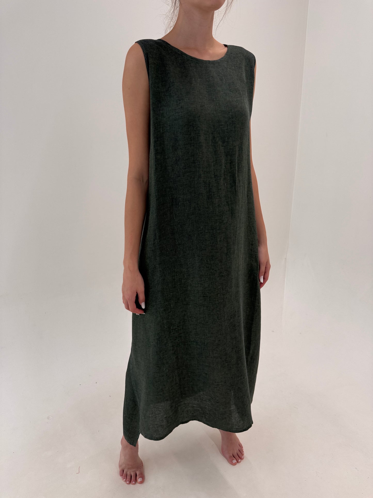 Rochie maxi dark green din pânză excepțională de in în croi chic