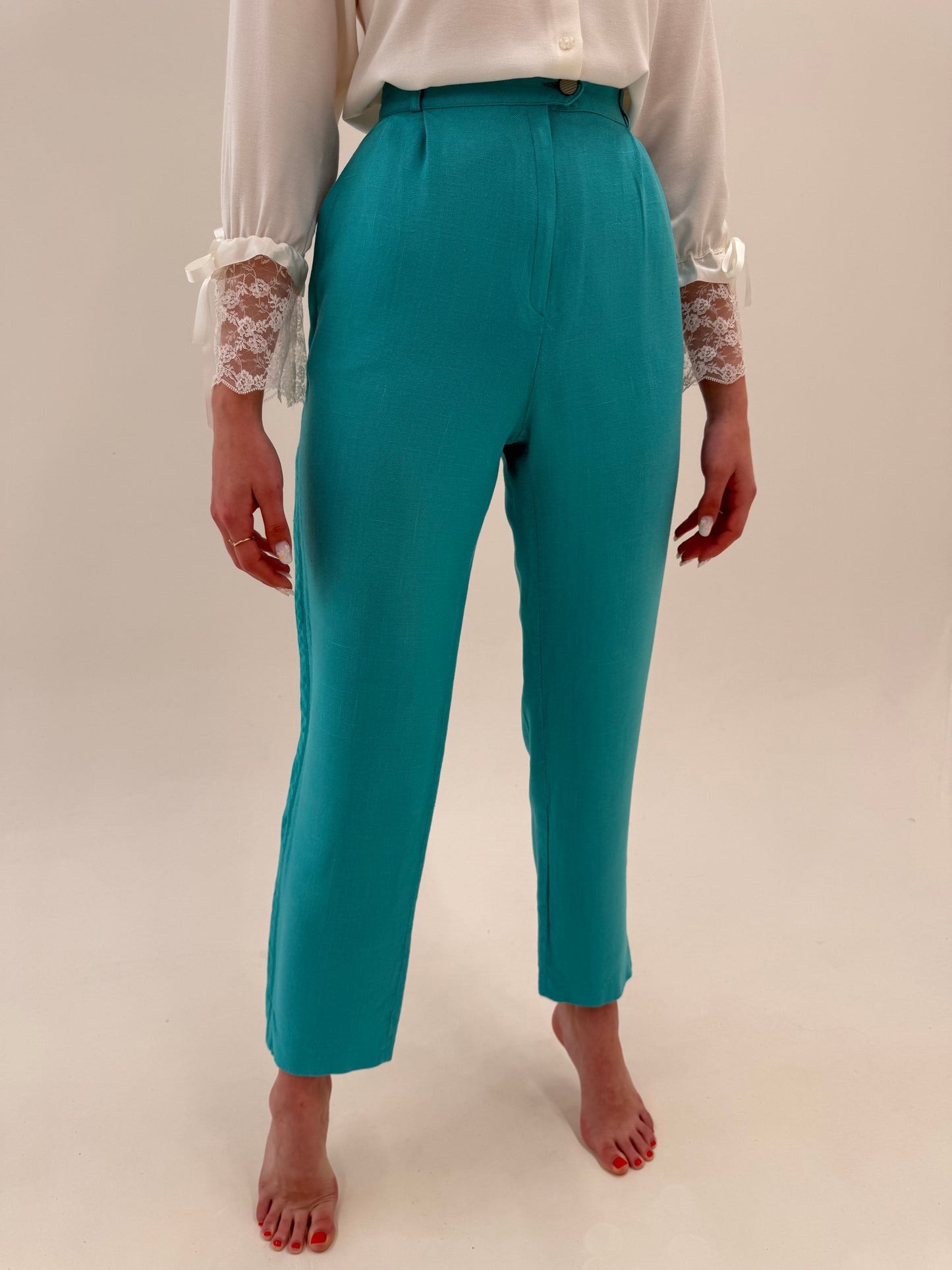 Pantaloni turcoaz din pânză cu talie ultra înaltă