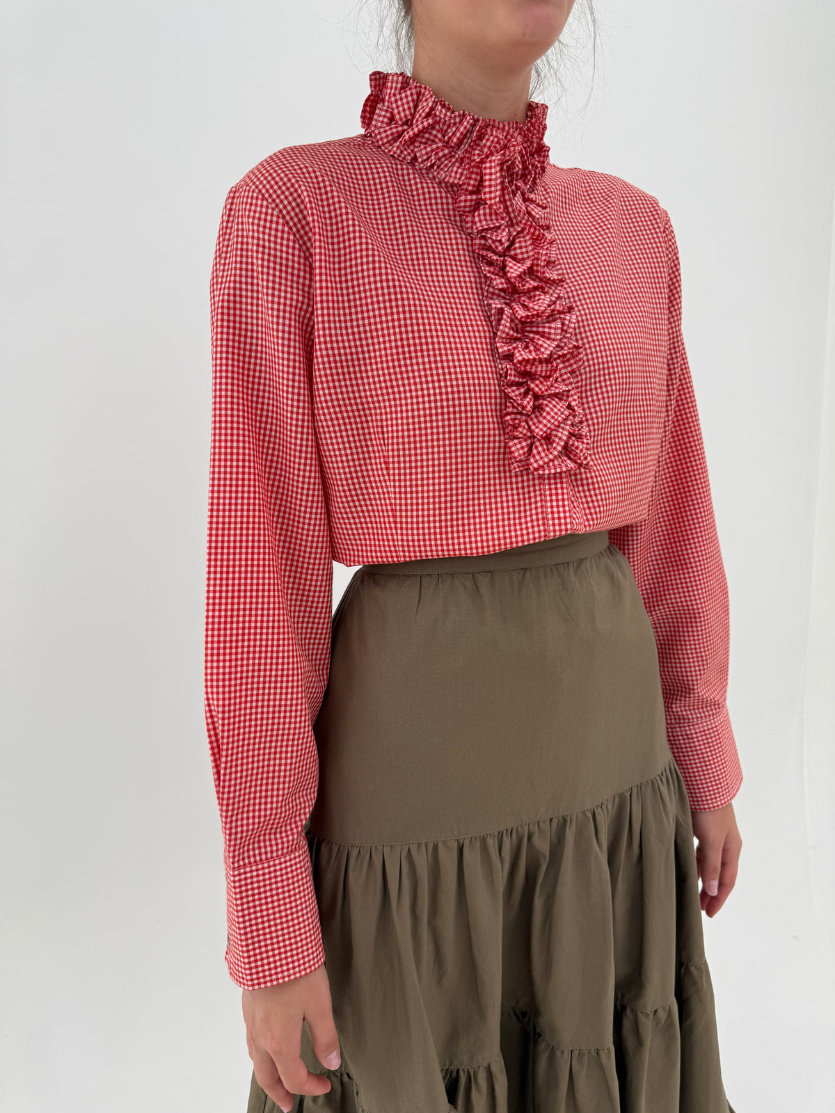 Cămașa vintage gingham din bumbac plin cu jabou