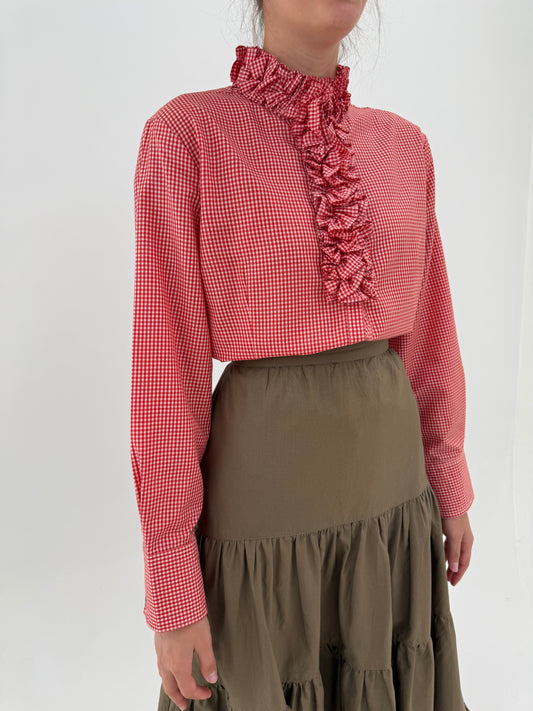 Cămașa vintage gingham din bumbac plin cu jabou